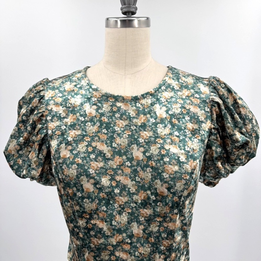 MABLE Dress Small Green Floral Velvet Puff Sleeve Midi Cottagecore Romantic - Picture 6 of 13